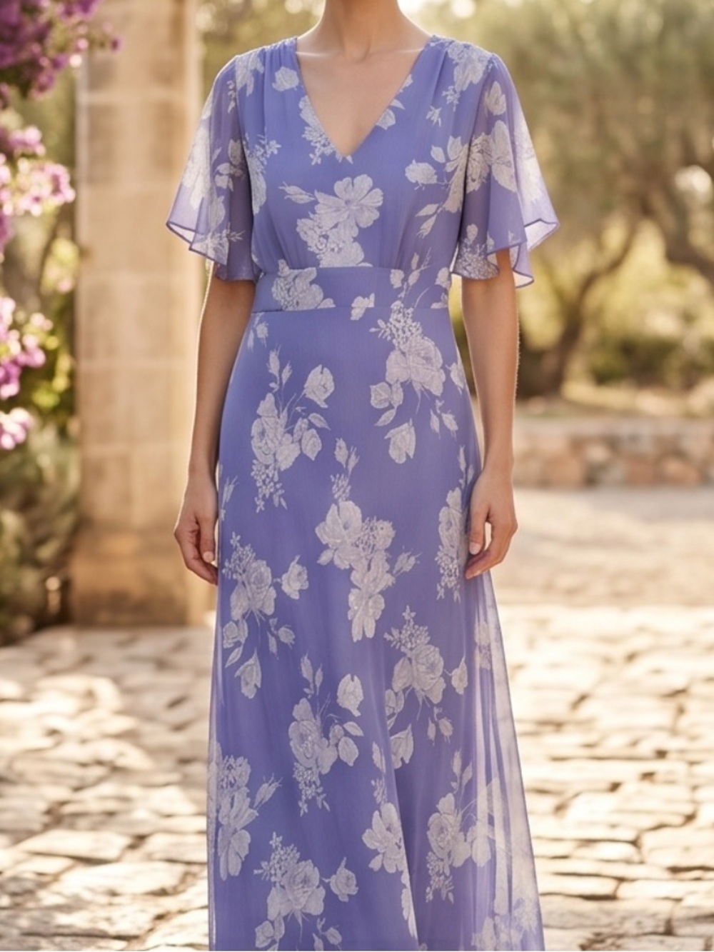 Lavender Floral V-Neck Maxi Dress with Flutter Sleeves - Picture 5 of 14